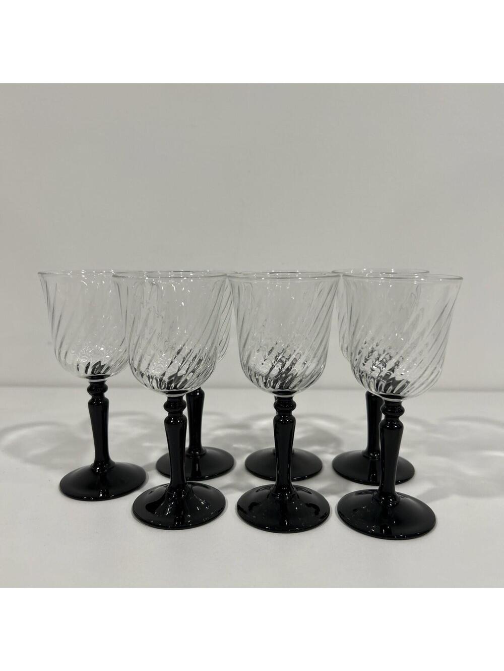 Luminarc France Black Stem Swirl Optic Wine Glasses Set of 7 Vintage 5”